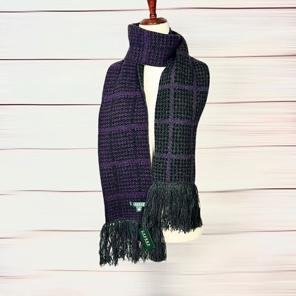 NWT Lauren Ralph Lauren Wool Houndstooth Purple Gray Long Scarf with Tassel - Picture 7 of 11
